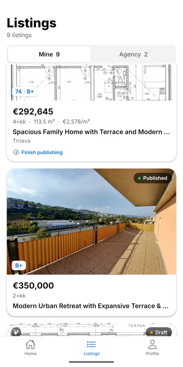 The listings tab of the Seeki.eu app with drafts and published listings